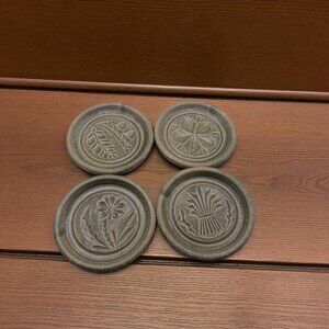 Set Of 4 Pigeon Forge Pottery GreenBlue Stamped Coasters Buttermold style